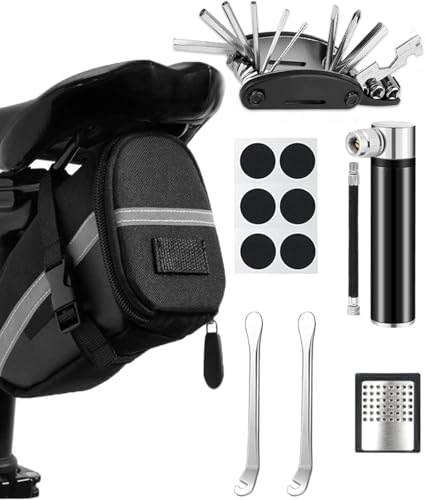 Fahrrad Reparaturset mit Satteltasche, 16-in-1 Fahrrad Multitool + 120 PSI Mini-Luftpumpe, Fahrrad Werkzeugset unterwegs, Notfallwerkzeug Flickzeug | Werkzeug Set für Fahrrad, MTB