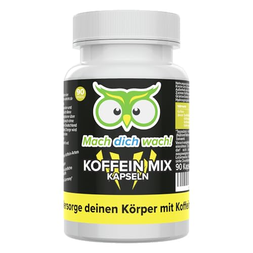 Koffein Mix Kapseln - hochdosiert 200 mg - 4-fach Koffein: Guarana, Grüntee, Mate & synthetisch - bioaktiv & vegan - Produktion in Deutschland - Kapseln statt Koffeintabletten - Mach dich wach!®