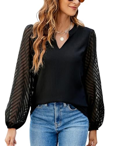 Atxnn Damen Blusen Spitze Langarm Oberteile Elegant Chiffon Tops V Ausschnitt Lässige Blusenshirt Arbeit Shirt Hemd für Frühling und Herbst, SCHWARZ XL