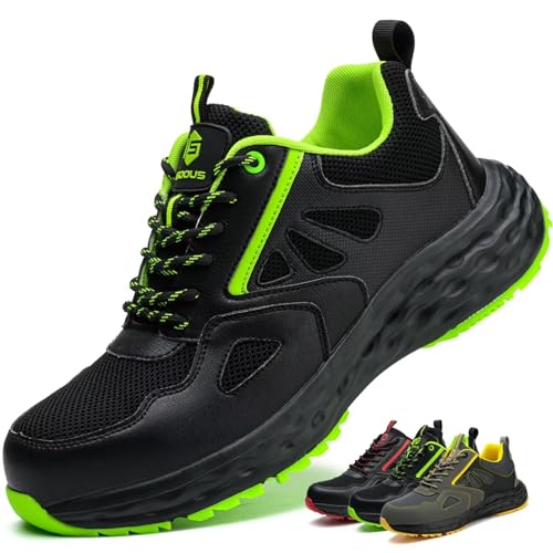 ISOOUS Arbeitsschuhe Herren Sicherheitsschuhe Damen Leicht Kunststoffkappe Atmungsaktiv rutschfest Sneaker Küche Sportlich Schwarz Grün EU 42