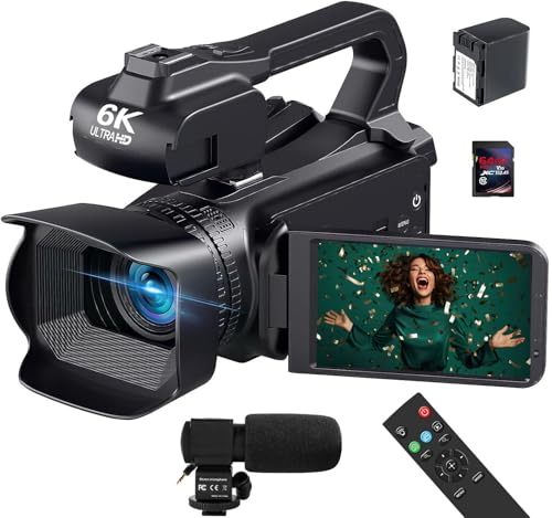 Videokamera 6K 64MP Camcorder für Vlogging, IR Nachtsicht YouTube Kamera WiFi Videocameras, 4.0-Zoll Touchscren 18X Digitalzoom Webcam Camera mit Mikrofon, Batterie, Handstabilisator und Fernbedienung
