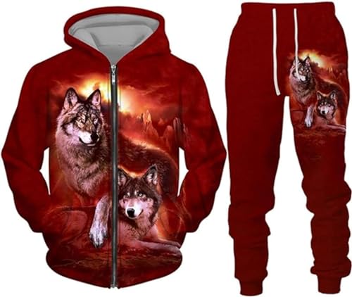 hiegi Wolf Jogginganzug Sportanzug Herren Kapuzenpullover Set 3D Wolf Kapuzenpullover + Jogginghose Männer Sweatshirt Hose (F-Wolf 3,XL)