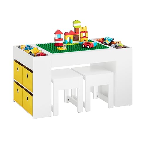 SoBuy Kindertisch mit 2 Stühlen Kinder Tisch Stuhl Set Kindersitzgruppe mit Stauraum Spieltisch und Aktivitätstisch für Kinderzimmer Weiß 87x50x50cm KMB75-W