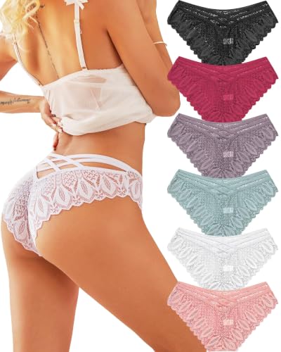 ALL OF ME 6er Pack Brazilian Slips Damen Spitze Unterhosen Sexy Unterwäsche Dessous Frauen Panties Brasilien Underwear Women Bikini Mehrpack S-XL,A-6,M