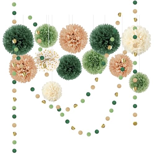 AOBKIAT Geburtstagsdeko Grün Hochzeitsdekoration,15 Stück Grün Seidenpapier Pompons,Papier Girlande Hängende Dekoration für Verlobung,Boho Hochzeit,Babyparty