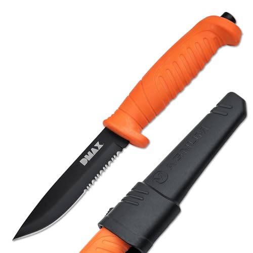 DMAX® Knivgar - Outdoormesser mit 10,3 cm feststehender Klinge schwarz & Teil-Wellenschliff - Survival- & Camping-Messer 42a konform mit Scheide - Angelmesser & Jagdmesser mit Kunststoffgriff orange