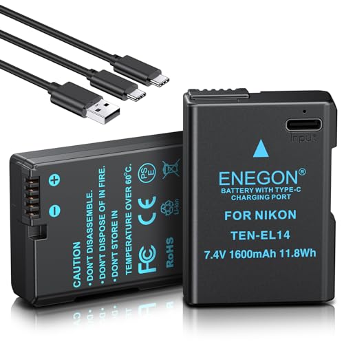 ENEGON EN-EL14/EN-EL14a Typ C Ladegerät Port Akkus 1600 mAh kompatibel mit Nikon DSLR D3100, D3200, D3300, D3400, D3500, D5100, D5200, D5300, D5500, D5600, DF Coolpix P7000, P7100, P7700, P7800
