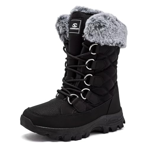 HOBIBEAR Schneestiefel für Frauen Wasserdichte Wanderstiefel für Damen Winterstiefel Warm(EU 42,Ganz schwarz)