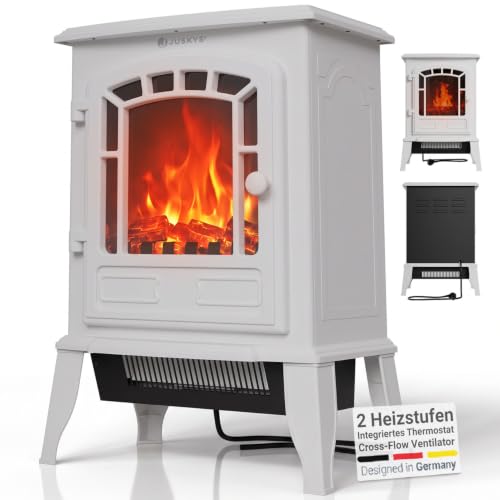Juskys® Elektrokamin 2000 W — Weiß, elektrischer Standkamin mit Flammeneffekt, 2 Heizstufen, Thermostat & Sicherheitsabschaltung für Wohnzimmer