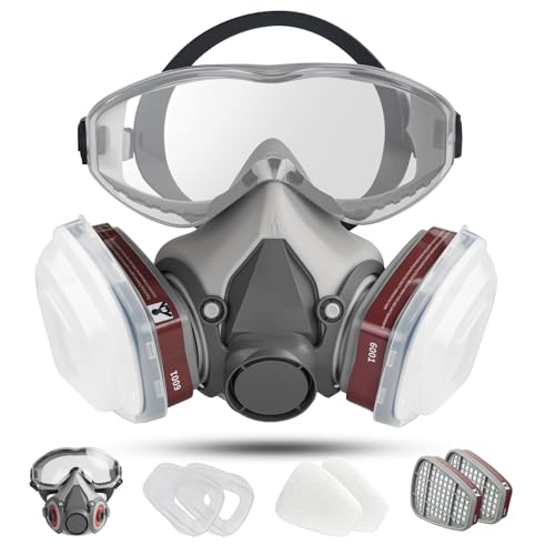 sykua Atemschutzmaske mit Filter und Integrierter Schutzbrille, Gasmaske Staubmasken Atemschutz Feinstaub Schutzmaske Staub Gase Dämpfe,Lackiermaske Respirator für Lackier,Schleifen,Epoxidharz
