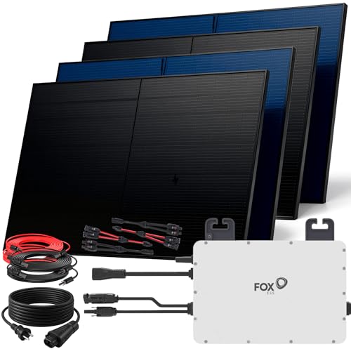 SUNNIVA 2000W Balkonkraftwerk BIFAZIAL FULLBLACK komplett Steckdose FOXESS 800W Wechselrichter, PV Solaranlage, 4x 500W Glas-Glas Solarmodule, inkl. 5m Kabel, Bluetooth WIFI, Komplettset