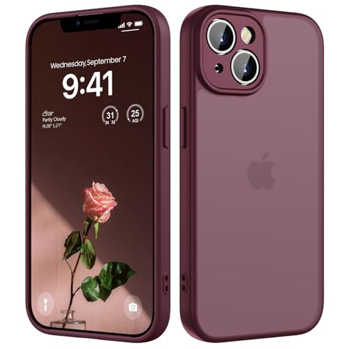 HGH für iPhone 14 Hülle, Vollständiger Kameraschutz Stoßfest Kratzfest Anti-Fingerabdruck Transluzente Rückseite Matt Handyhülle für iPhone 14 Case 6,1 Zoll, Dunkel Rot