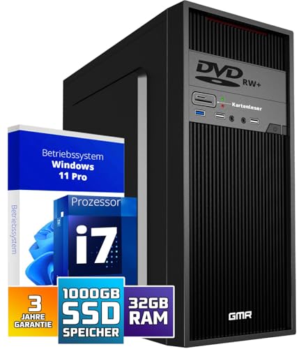 GMR Ultra Max Desktop PC - Intel i7, Windows 11 Pro, 32GB RAM, 1000GB SSD, USB 3, WiFi, Bluetooth, Office PC Mit DVD, Cardreader, 3 Jahre Garantie - Desktop PC Windows 11 - Sofort Einsatzbereit