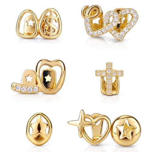 Mikovivi 6 Stück Gold Grills Set, Strass Zahn Schmuck Vergoldung Herz Stern Kreuz Zahnkappen für Oben & Unten für Frauen Männer Mode Geschenk Halloween Party