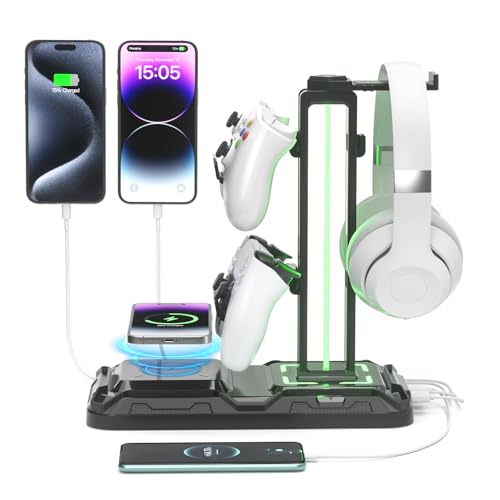 KDD Gaming Headset Halterung mit Wireless Ladegerät - Controller Halter & Kopfhörer Halter Led mit 9 Lichtmodi & 2 USB & 1 Typ-C Anschlüssen - Headphone Stand für Alle Kopfhörer PC Gaming Zubehör