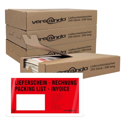 versando 4x 250 Lieferscheintaschen DIN lang selbstklebend Dokumententaschen Begleitpapiertaschen rot/schwarz bedruckt: 