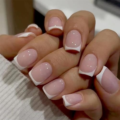 24 Stück Lang künstliche Nägel zum aufkleben - Fake Nails mit Nail Glue - Quadratisch False Nails für Frauen & Mädchen (French White & Pink)