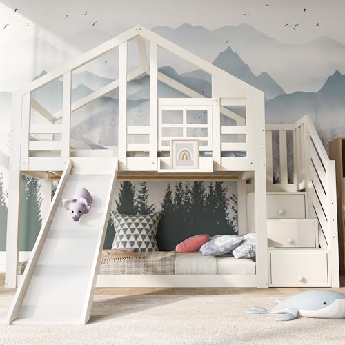NuvlaGu Ohne Matratze – Kinder Hochbett Baumhaus 90x200 cm mit Rutsche & Stauraumtreppe, Etagenbett in Hausbett Design mit Fenster, Rausfallschutz und 2 Lattenrosten, Weiß