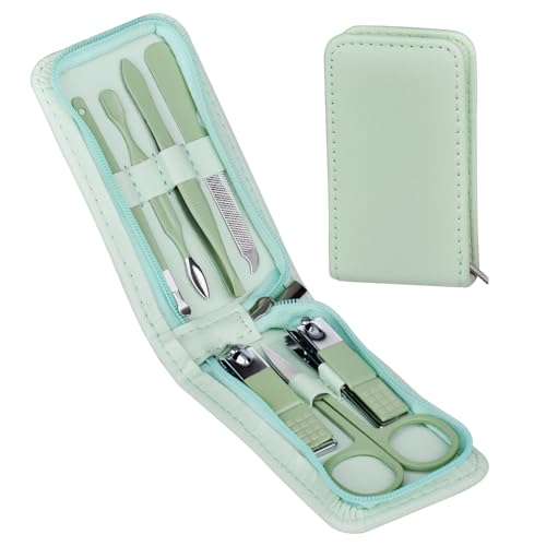 7-teiliges Maniküre-Set aus Edelstahl mit Nagelknipser, Nagelpflegewerkzeugen, professioneller Augenbrauenschere, Pinzette, tragbarem Reise-Pflegeset mit Reißverschluss-Lederetui für Damen und Herren