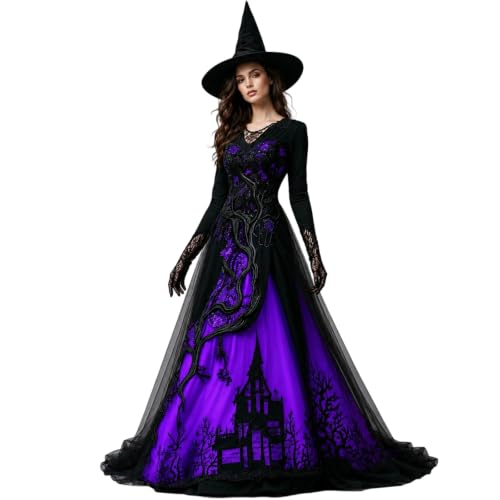 Shiketong Halloween Kostüm Damen Vampirkostüm Kleider Vintage Festival Outfit Midi Dresses for Women Horro Costume Mode Cocktailkleid Für Faschingskostüme Party Lila XXL