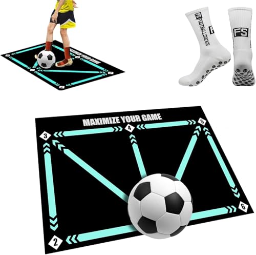 Aubzy Fußball-Schritt-Trainingsmatte 60x90 cm – Rutschfest Stoßdämpfend Ballkontrolle für Kinder 4-15 – Schritt-Training mit Socken Set – Ideal für Spielplatz, Garten & Turnhalle