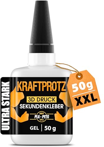 3D Druck Sekundenkleber Gel extra stark – 50 g XXL Superkleber wasserfest, hitzebeständig & transparent – Anti-Austrocknungs-Spitze – KRAFTPROTZ PLA-, ABS-, PETG-, TPU-Kleber & Zubehör