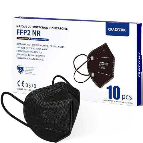 CRAZYCHIC - 10x FFP2 Maske Schwarz Atemschutzmaske - Staubschutzmaske - Mundschutzmaske 5 Lagen - EN149:2001+A1:2009 Schutzmaske Hohe Filtration Maske - Hygienisch Einzelverpackt