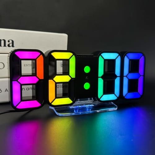 Seutgjie 3D LED Digitalwecker, Tischuhr/Wanduhr Digital Uhr 14 RGB Farbwechsel 12/24 Stunden 3 Helligkeitsanpassungen Nachthelligkeitsmodus Schlummermodus mit Fernbedienung Schwarz