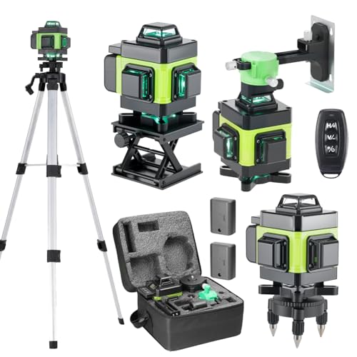 Kreuzlinienlaser mit Stativ, Mulcort Multifunktionaler 4D-Laser mit 16 Linien, IP54 Wasserwaage, 2400mAh Akku*2+1.5M Stativ Verlängerungsstangen-Stativ, Für Baustellen/Inneneinrichtung(Grün)