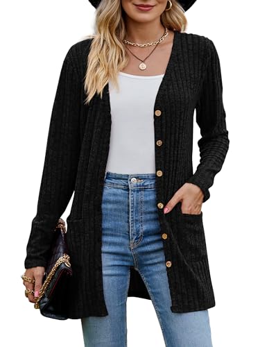 MYCOLORBLUE Alte Zeiten Strickjacken für Damen Elegant Cardigan Gerippt Langarm Knopfleiste mit Taschen Strickcardigan Schwarz XXL