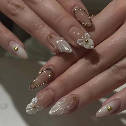 Aribliseza Leopard Press On Nails, 24 Stück 3D Mittellange Fake Nägel mit Goldblumen Design, Wiederverwendbare Nägel zum Aufkleben, Glänzende Fertig-Nägel für Damen, Kunstnägel Set