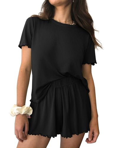 Ekouaer Schlafanzug Damen Gestrickt Pyjama Set Rundhals Kurze Ärmel Weich Zweiteiliger Sleepshirt Schwarz M