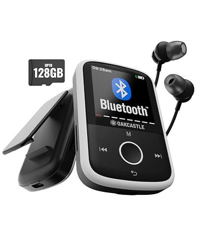 Bluetooth MP3-Player mit Sportclip | Kabelgebundene Kopfhörer inkl. | 16GB Speicher, erweiterbar auf 128GB | HD-Farbbildschirm, 34h Akku | SD & USB-C | Oakcastle MP250 MP3-Player
