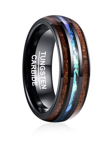 Vakki Herren 8mm Schwarz Ringe Wolfram Ring Eheringe mit Holz und Imitiert Opal Komfort Fit Größe 63.4(20.2)