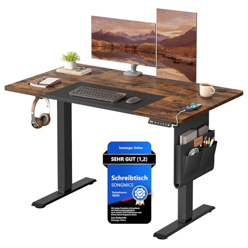 SONGMICS Höhenverstellbarer Schreibtisch elektrisch, 120 x 60 cm, stufenlos verstellbar, Memory-Funktion mit 4 Höhen, vintagebraun-tintenschwarz LSD015X01