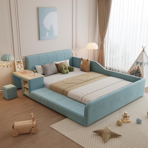 YSMerax Polsterbett, Einzelbett mit Kinderschreibtisch und Hocker, Mit Ablageboden, Weiches Kopfteil, Kinderbett mit Holzlatten, 90x200cm (Blau, 140x200cm)