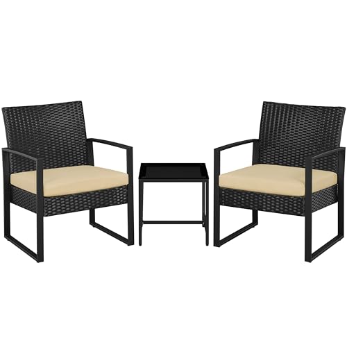 Yaheetech Balkonmöbel Set, Gartenmöbel-Set aus PE-Polyrattan Wetterfest inkl. 2 Stühle mit Sitzkissen & Tisch, 3Teilig Terrassenmöbel Sitzgruppe Lounge Set für Balkon/Terrasse/Garten, Schwarz-Khaki