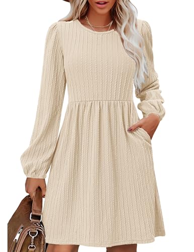Zeagoo Strickkleid Damen Herbstkleid A-Linie Kleid Langarm Herbst Kleider Knielang Winterkleid mit Taschen Beige L