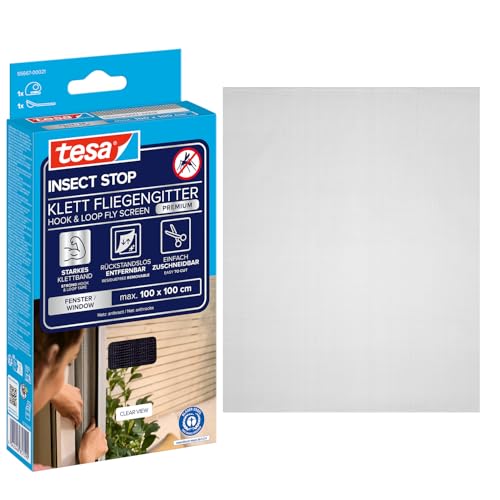 tesa Insect Stop Klett Fliegengitter Premium für Fenster, Insektenschutz mit starkem Klettband, rückstandsfrei entfernbar, zuschneidbar, ohne Bohren - 100 cm x 100 cm - Anthrazit (Durchsichtig)