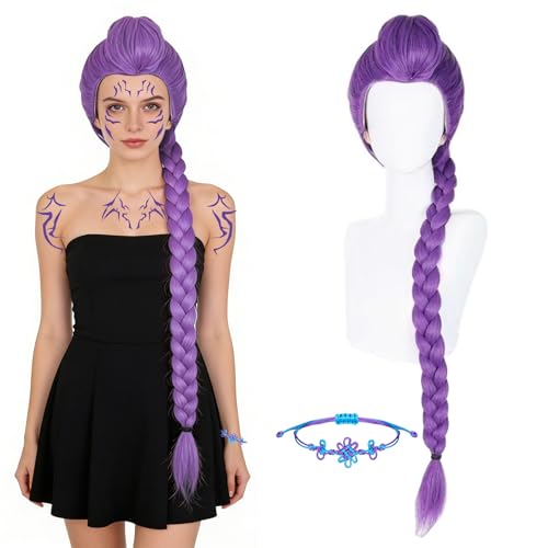Lange Lila Perücke Cosplay,Lila Zopfperücke,Cosplay Perücke,Anime Kostümperücken für Damen und Herren,Halloween Party Kostüm Perücken,für Karneval,Fasching,Mottoparty,Halloween