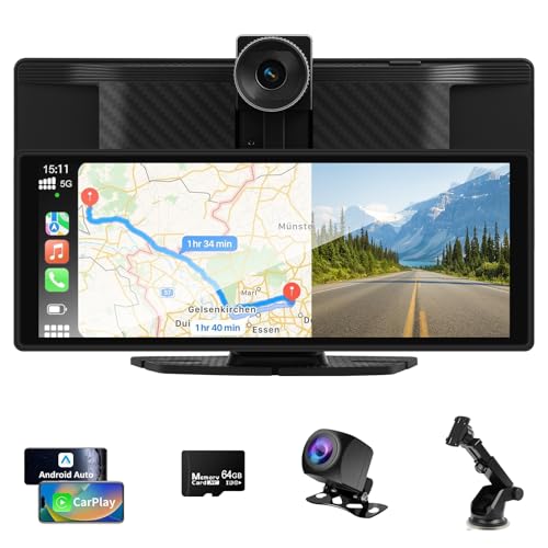 10,26 Zoll Carplay Display - Wireless Android Auto Car Play Display mit 4K Dashcam 1080P Rückfahrkamera IPS Touchscreen Bluetooth Mirror Link Split Screen FM Radio/AUX 64G TF