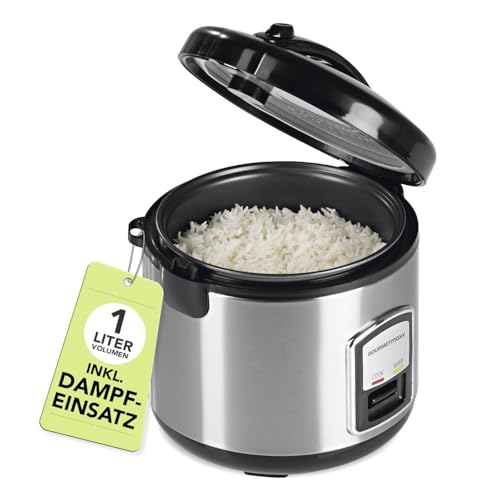 GOURMETmaxx Kompakt-Reiskocher & Dampfgarer, 1L, inkl. Dampfeinsatz, Gartopf, Reislöffel & Messbecher, Warmhaltefunktion, ideal für kleine Familien & Singles, spülmaschinengeeignet