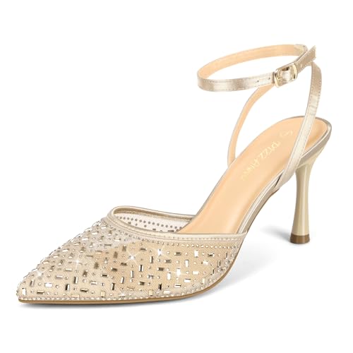 PIZZ ANNU Damen High Heels Strasssteine Knöchelriemen Hohe Schuhe Elegant Pumps mit Stiletto Absatz Bequem Brautschuhe für Hochzeit Festliche Aprikose EU 38