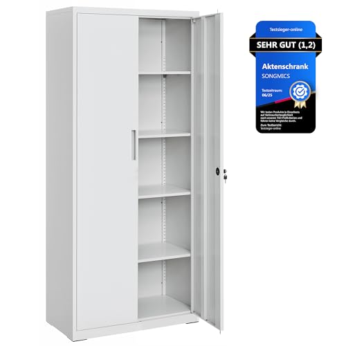 SONGMICS Aktenschrank, Mehrzweckschrank, Stahl-Aufbewahrungsschrank, 5 Ebenen, Doppeltüren, Schloss, Werkzeugschrank, verstellbare Ablagen, Garage, Büro, Wohnzimmer, grau OMC015G01