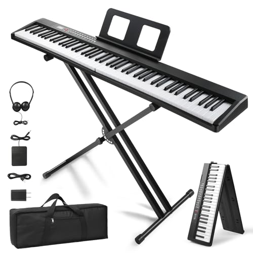 LEADZM 88 Tasten Faltbar Digital Piano, Halbgewichteten Klavier Piano mit Doppelrohr-X-Förmigem Ständer, Keyboard mit Dual-Bluetooth-Modus, 1000 Rhythmen, 1000 Tönen und 50 Demos (Schwarz)