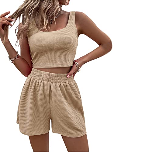 Geagodelia Damen Zweiteiler Sommer Hosenanzug Elegant Outfits Kleidung 2 Teiler Set Crop Tank Top + Shorts Y2k Aesthetic Clothes Workout Sport Anzug (A - Beige, M)