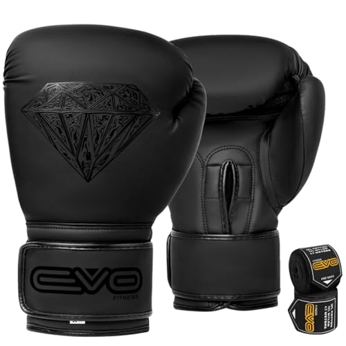 EVO Maya Hide Leder-Boxhandschuhe für MMA-Boxsack, Sparring, Muay Thai, Kickboxen, Kampftraining, inkl. Handbandagen, Schwarz/Diamant, matt, 284 g (Schwarz, 12 OZ)