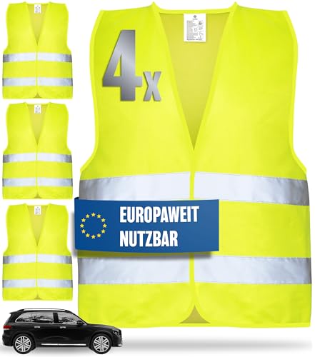 HELDENWERK Warnwesten Auto 4er Set Europaweit gültig nach aktueller Norm 2025 EN ISO 20471 - Reflektierende Warnweste Auto - Sicherheitsweste Gelb - Warnschutzweste - Auto Warnweste für Erwachsene
