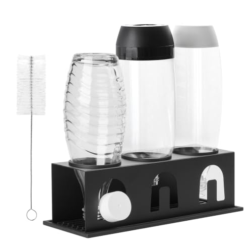 ACTIV Cuisine Flaschenhalter für Sodastream Duo Crystal Flaschen, 3er Edelstahl Abtropfhalter Abtropfgestell platzsparend, Breite 11cm, mit Abtropfmatte, Deckelhalter, Flaschenbürste, Schwarz