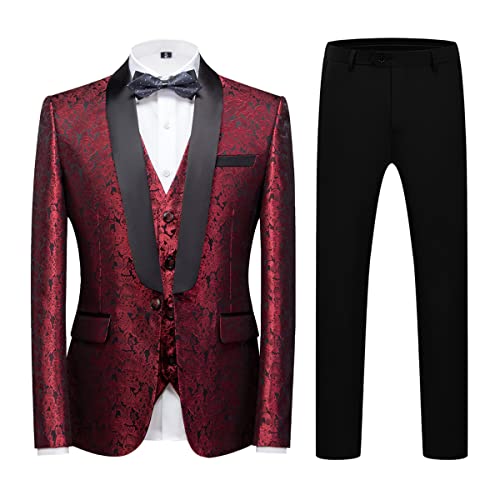 KUDORO Herren Anzüge Slim Fit 3-Teilig Paisley für Hochzeit Business Party Eine Knöpfe Jacquard Smoking Herrenanzug Sakko Weste Hose(Rot,XXL)